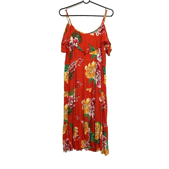 Old Navy Cold Shoulder Midi Dress Size L Orange Floral Print Ruffle Adjustable - Picture 1 of 12